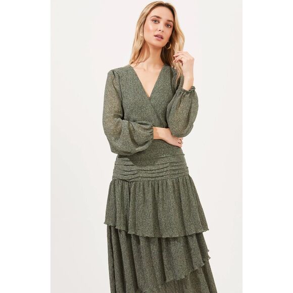 ASTR The Label Green Ruched Ruffle Floral Print Midi Dress - Picture 3 of 13